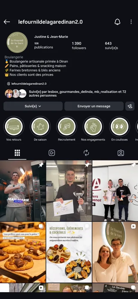 Profil Instagram du Fournil de la Gare après, 1390 abonnés