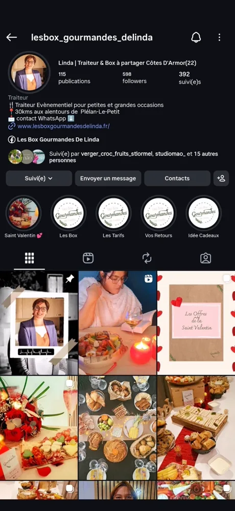 Profil Instagram de Linda avant l'accompagnement, 598 abonnés